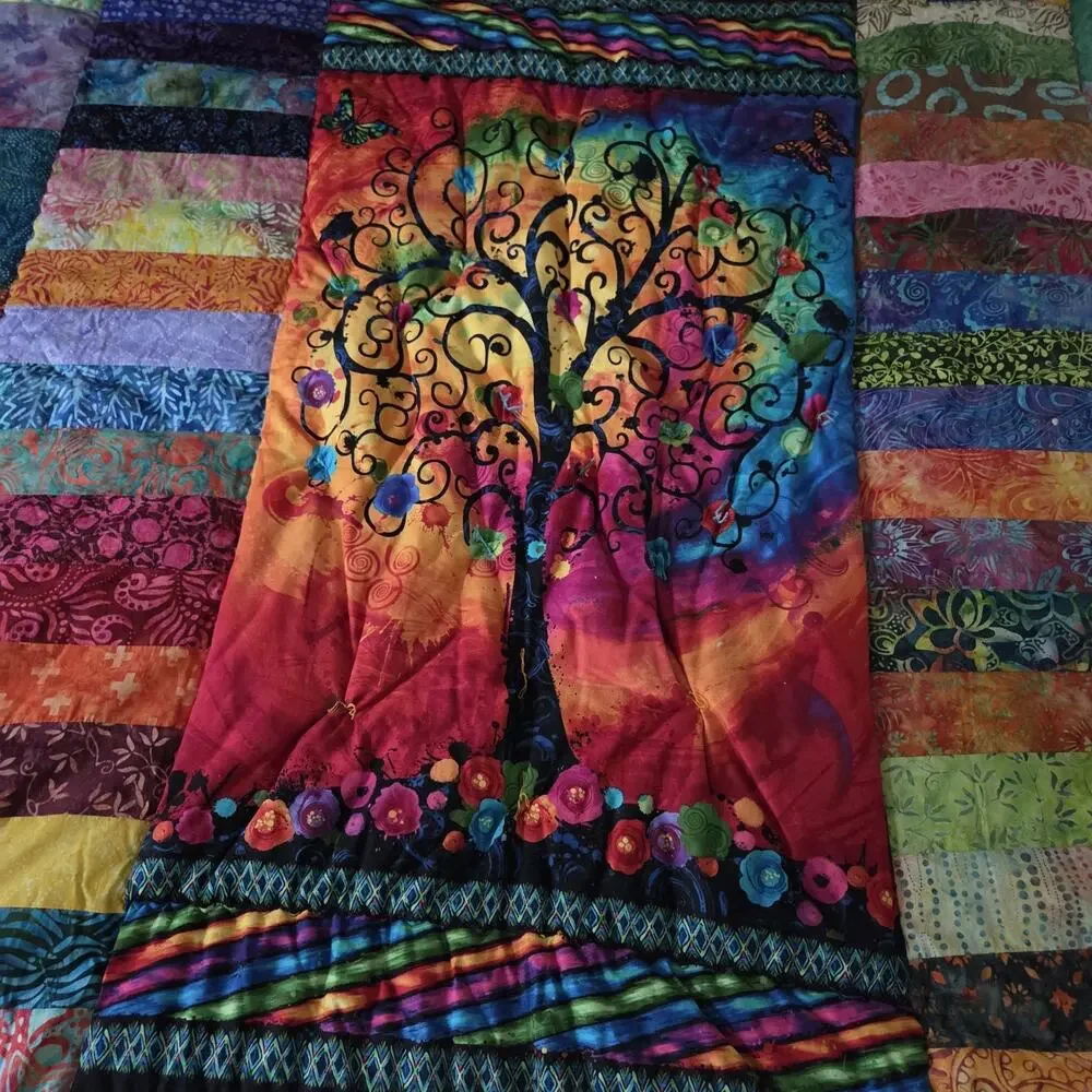 Handmade Batik Patchwork Throw Quilt – Tree of Life Center Panel – Colorful Art